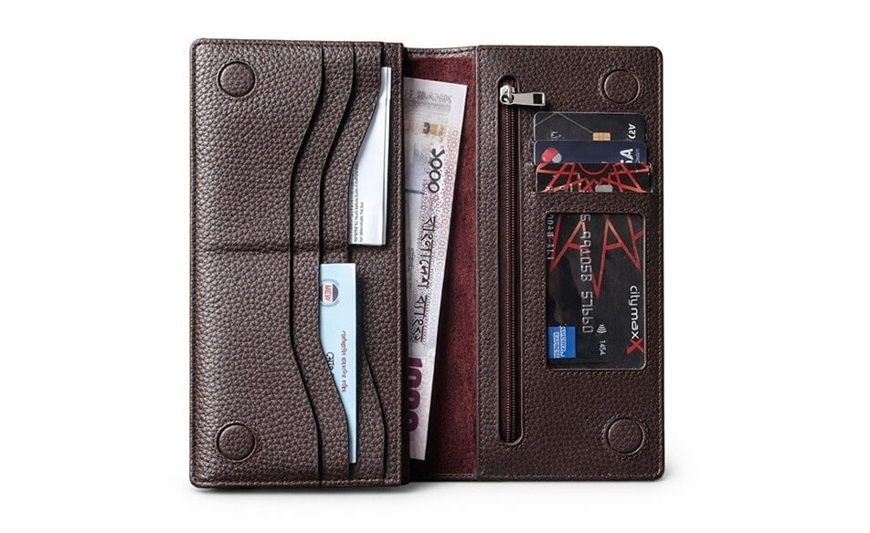 Premium Pebble-Grain Leather Long Bifold Wallet – Executive Travel Organizer with Zipper Pocket
